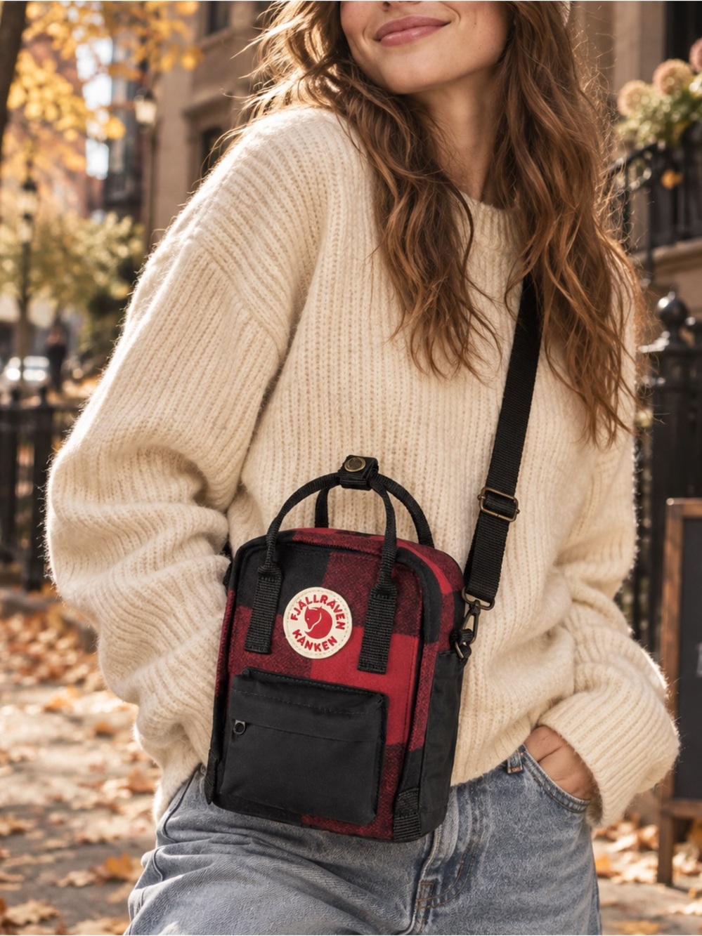 Fjällräven Kånken Re-Wool Sling Crossbody Mini Bag Red Black Plaid Gorpcore